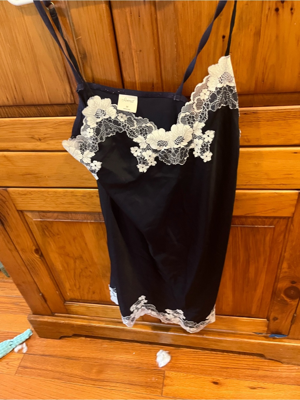 Soma Black Slip with White Floral Lace Trim